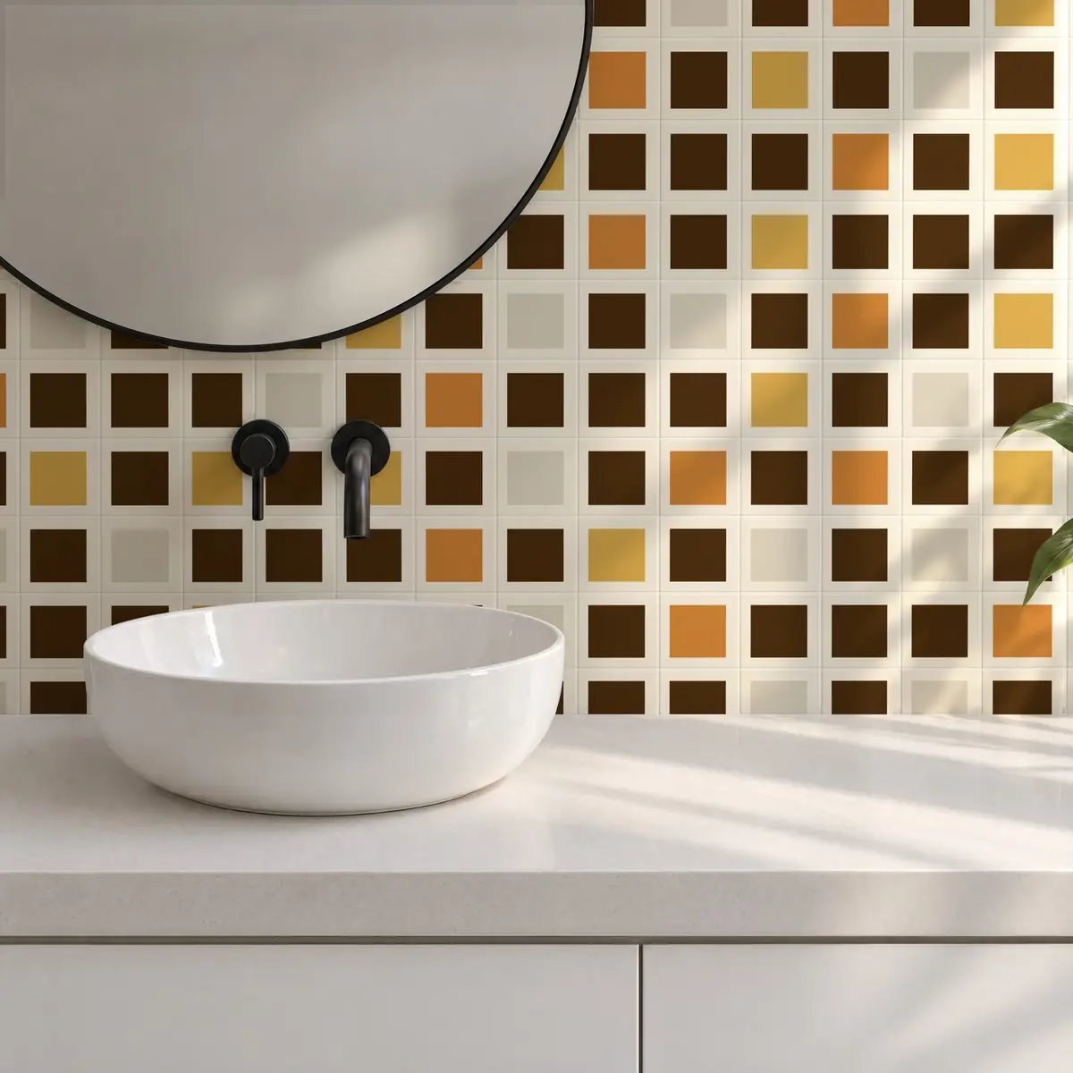 Baño alicatado con Azulejo Square Crema Brillo 10x10 Marrón Mocca combinado con otros colores