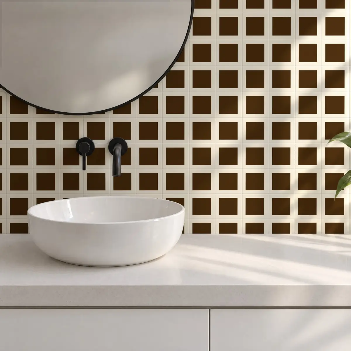 Baño alicatado con Azulejo Square Crema Brillo 10x10 Marrón Mocca
