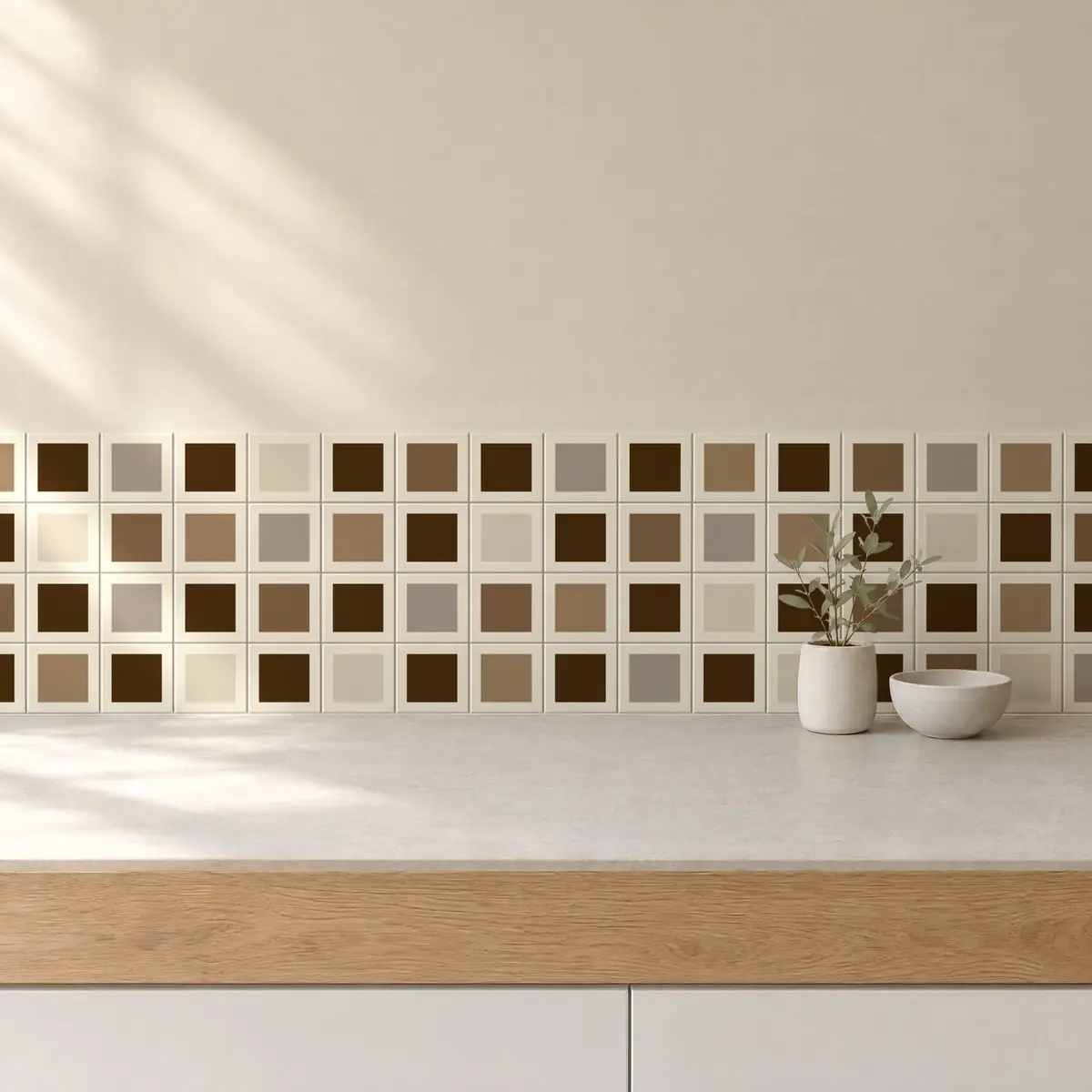 Cocina con Azulejo Square Crema Brillo 10x10 Marrón Mocca combinado con otros colores