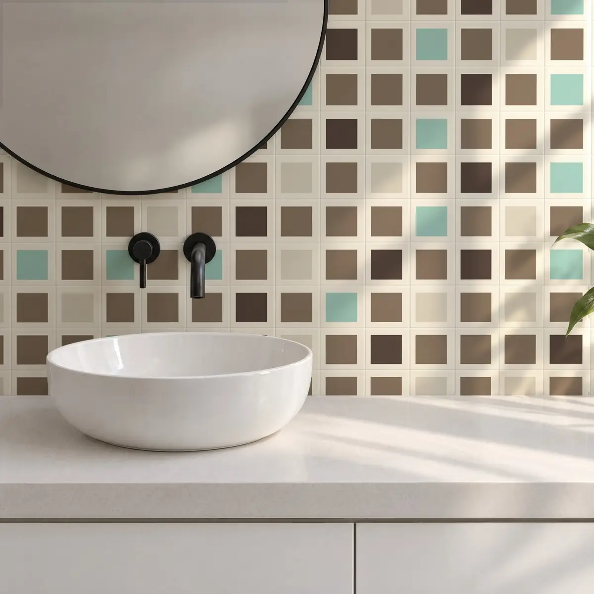 Baño alicatado con Azulejo Square Crema Brillo 10x10 Marrón Piedra combinado con otros colores