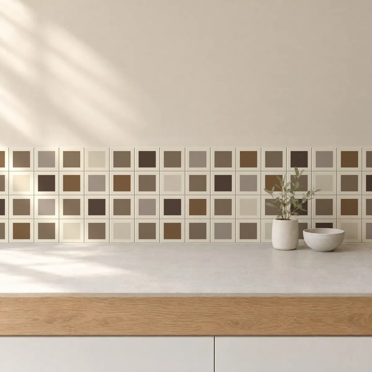 Cocina con Azulejo Square Crema Brillo 10x10 Marrón Piedra combinado con otros colores