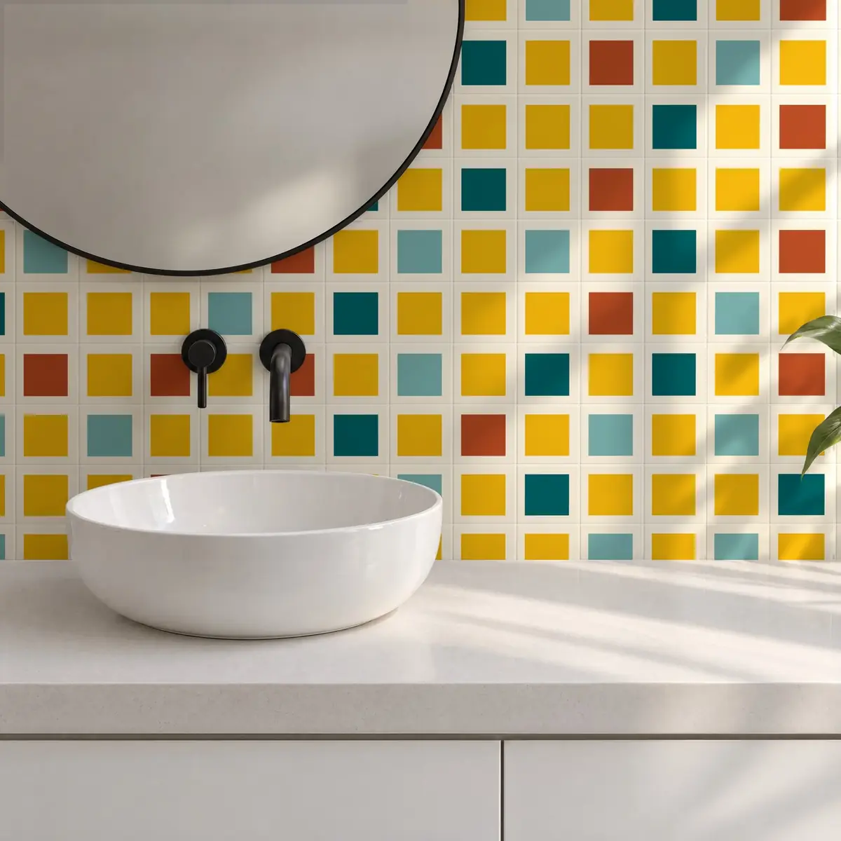 Baño alicatado con Azulejo Square Crema Brillo 10x10 Mostaza combinado con otros colores