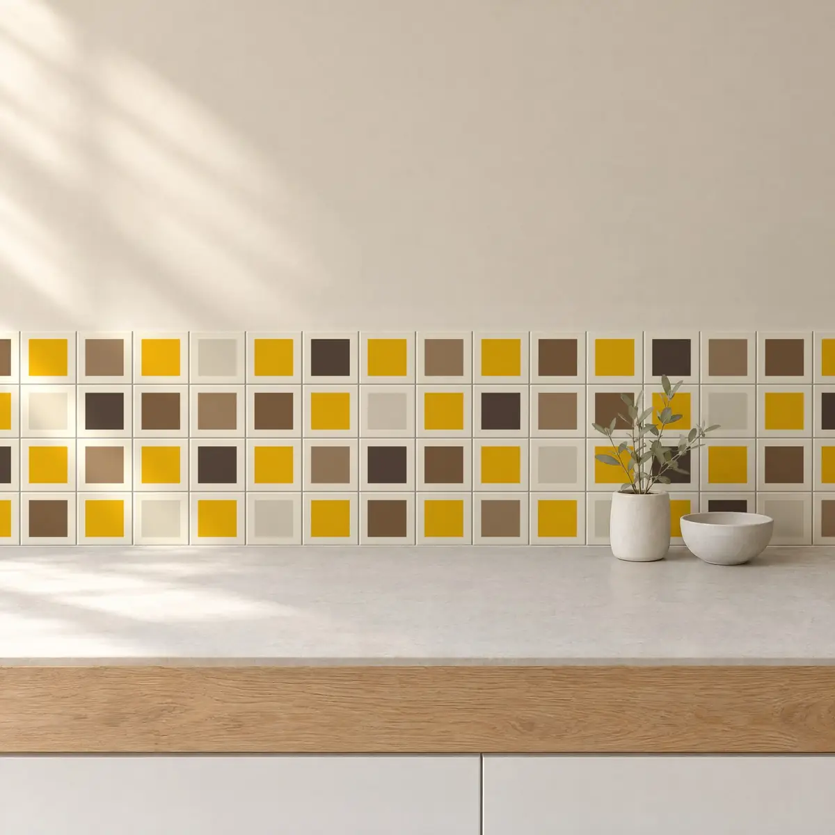 Cocina con Azulejo Square Crema Brillo 10x10 Mostaza combinado con otros colores