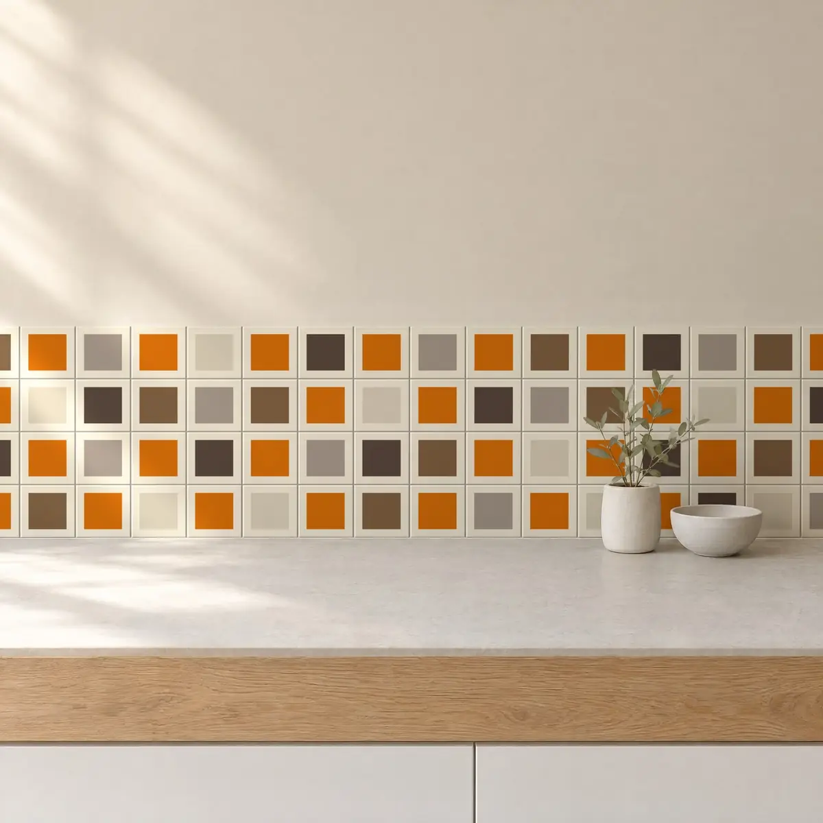 Cocina con Azulejo Square Crema Brillo 10x10 Naranja combinado con otros colores