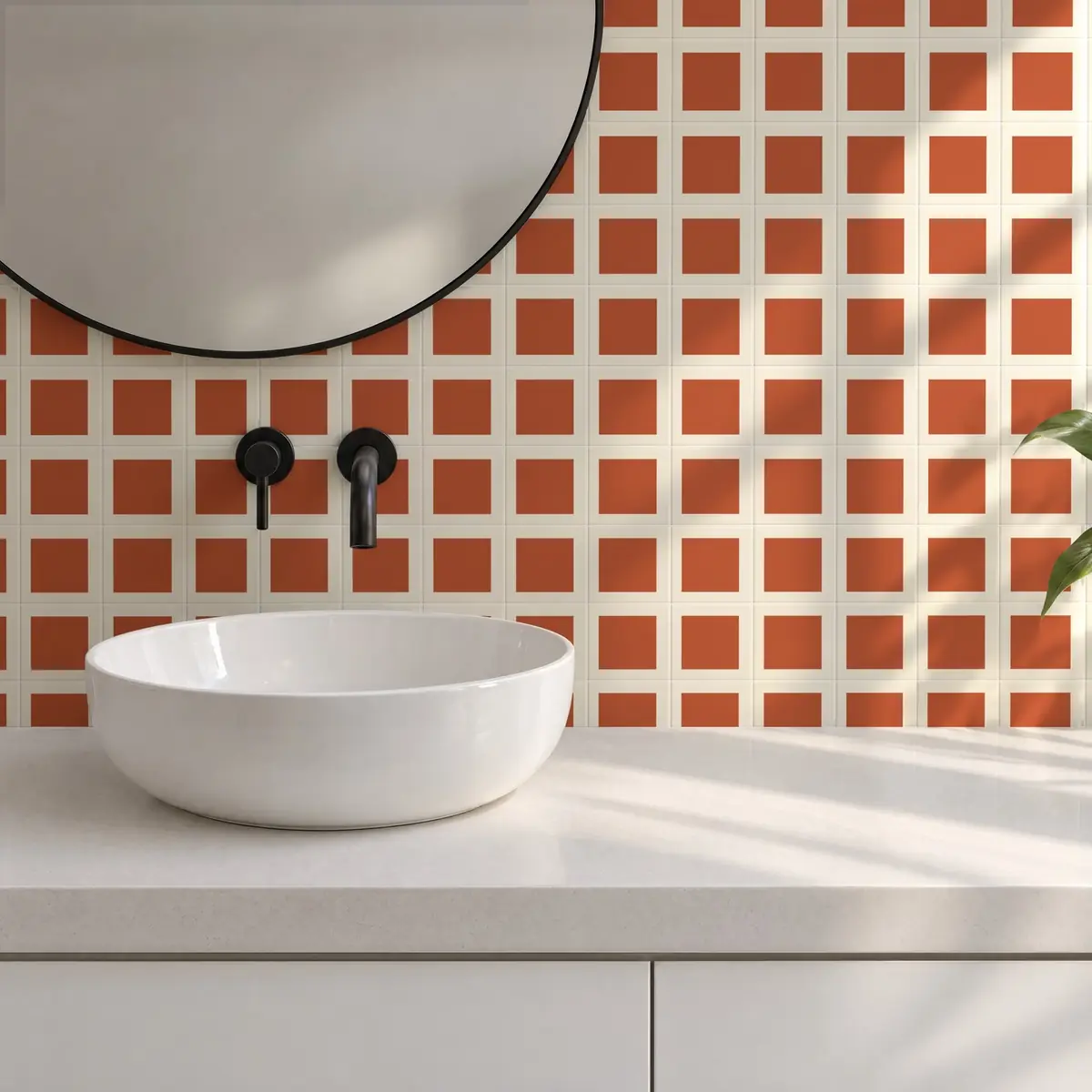 Baño alicatado con Azulejo Square Crema Brillo 10x10 Naranja Coral