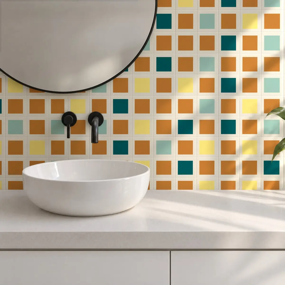 Baño alicatado con Azulejo Square Crema Brillo 10x10 Naranja Mango combinado con otros colores