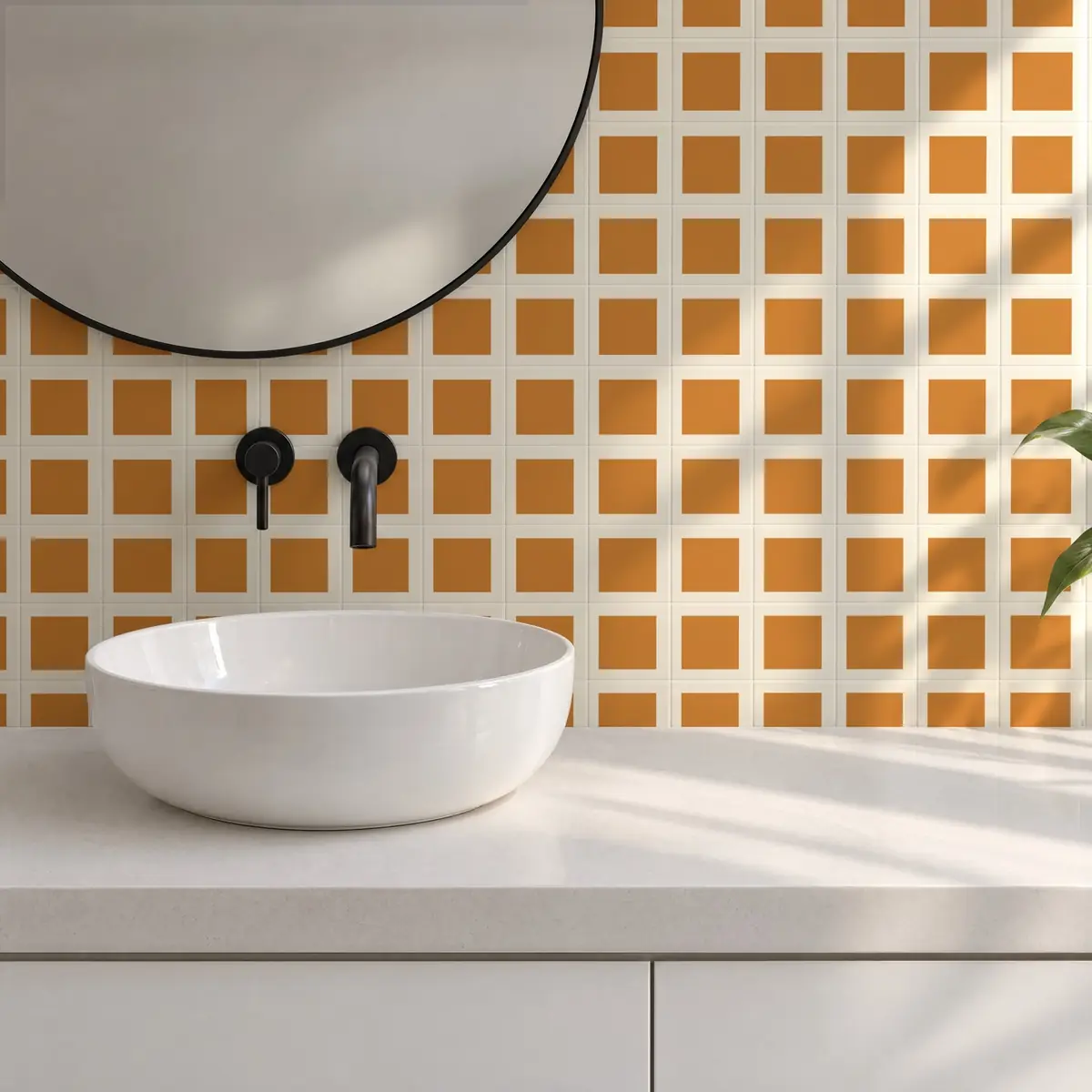 Baño alicatado con Azulejo Square Crema Brillo 10x10 Naranja Mango
