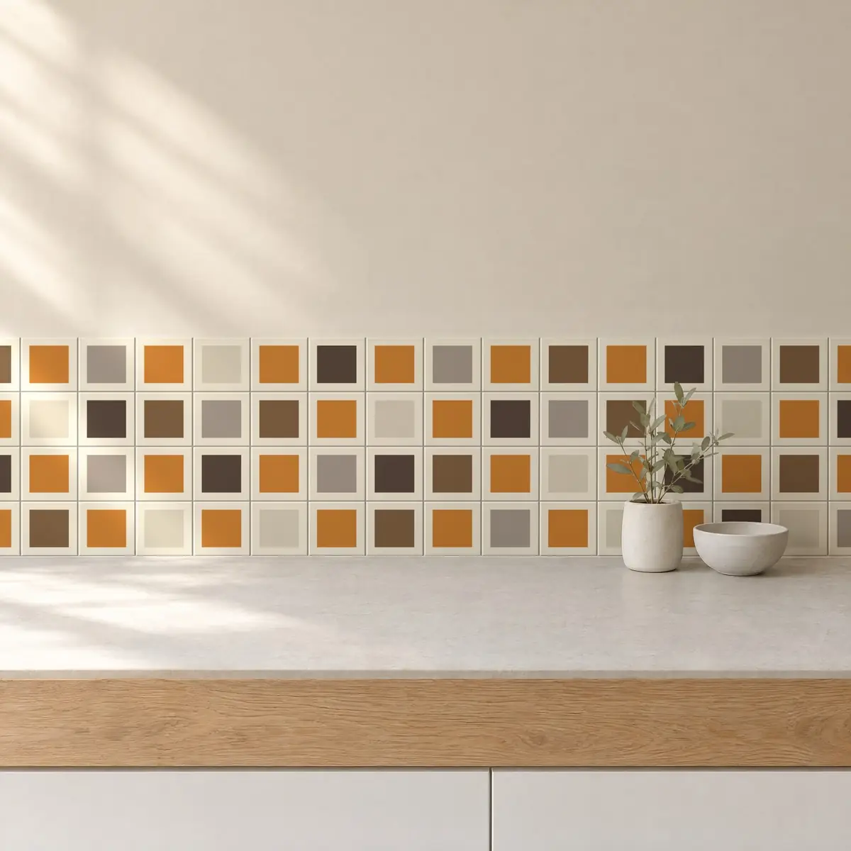 Cocina con Azulejo Square Crema Brillo 10x10 Naranja Mango combinado con otros colores
