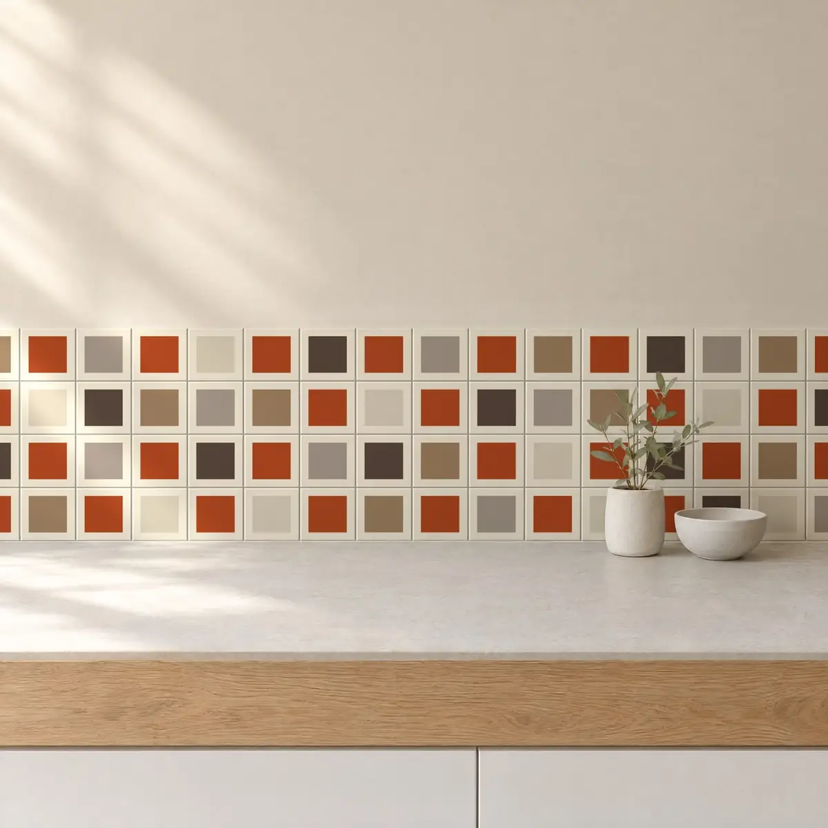 Cocina con Azulejo Square Crema Brillo 10x10 Naranja Oscuro combinado con otros colores