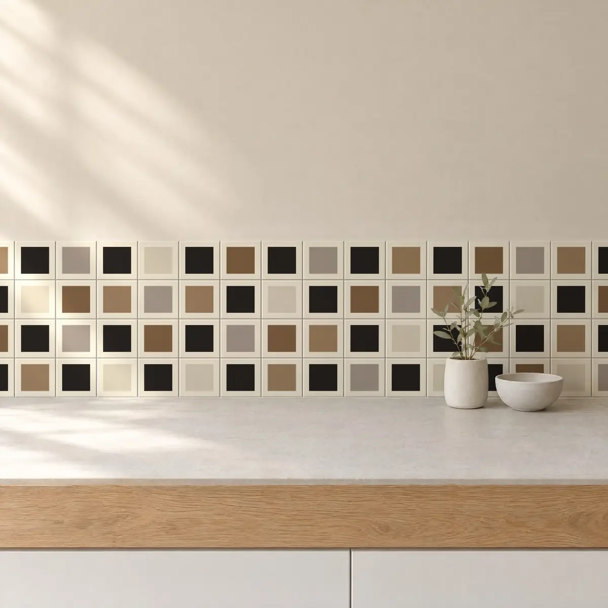 Cocina con Azulejo Square Crema Brillo 10x10 Negro Carbón combinado con otros colores