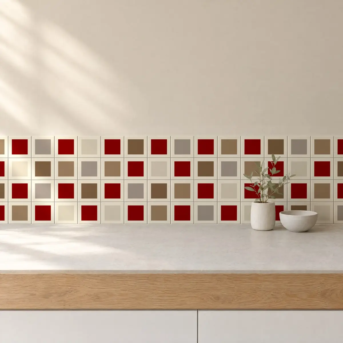 Cocina con Azulejo Square Crema Brillo 10x10 Rojo combinado con otros colores