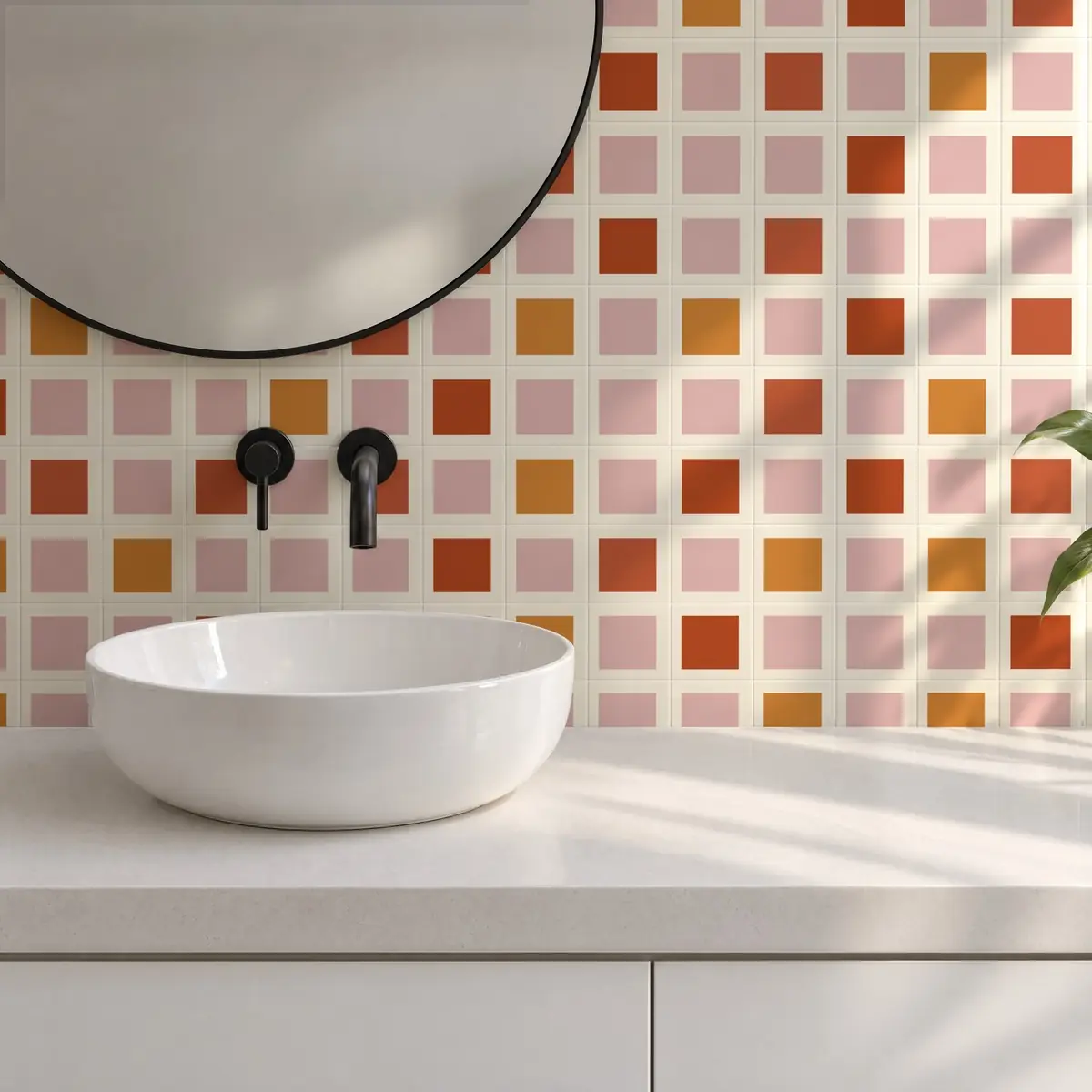Baño alicatado con Azulejo Square Crema Brillo 10x10 Rosa combinado con otros colores