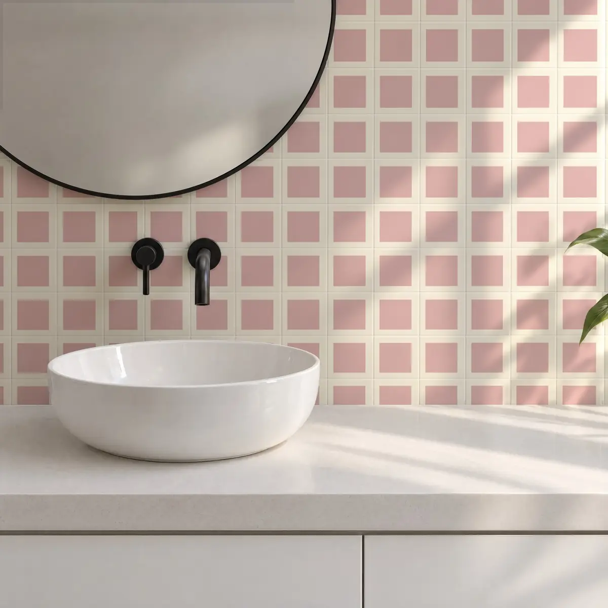 Baño alicatado con Azulejo Square Crema Brillo 10x10 Rosa