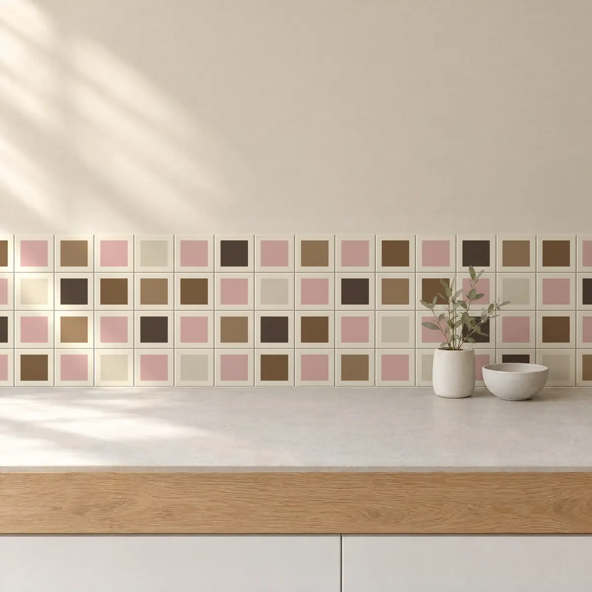 Cocina con Azulejo Square Crema Brillo 10x10 Rosa combinado con otros colores