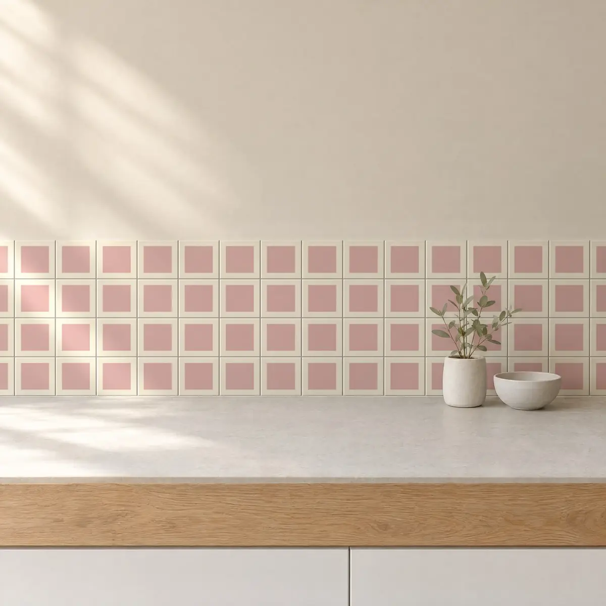Cocina con Azulejo Square Crema Brillo 10x10 Rosa de frente de encimera