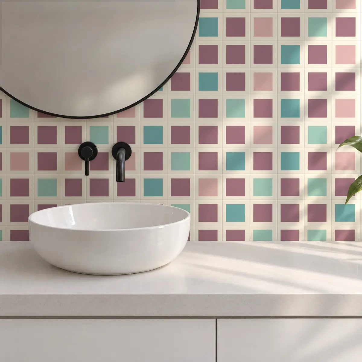 Baño alicatado con Azulejo Square Crema Brillo 10x10 Rosa Malva combinado con otros colores