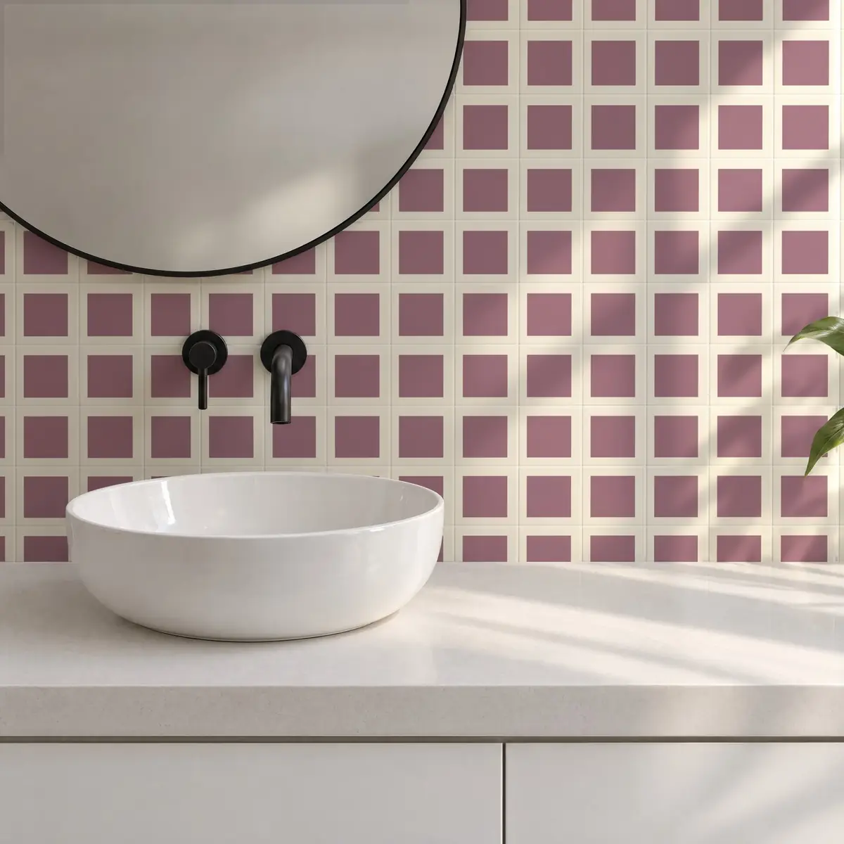 Baño alicatado con Azulejo Square Crema Brillo 10x10 Rosa Malva