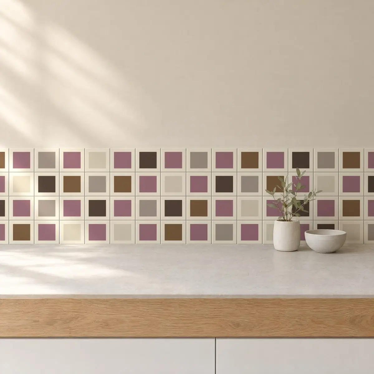 Cocina con Azulejo Square Crema Brillo 10x10 Rosa Malva combinado con otros colores