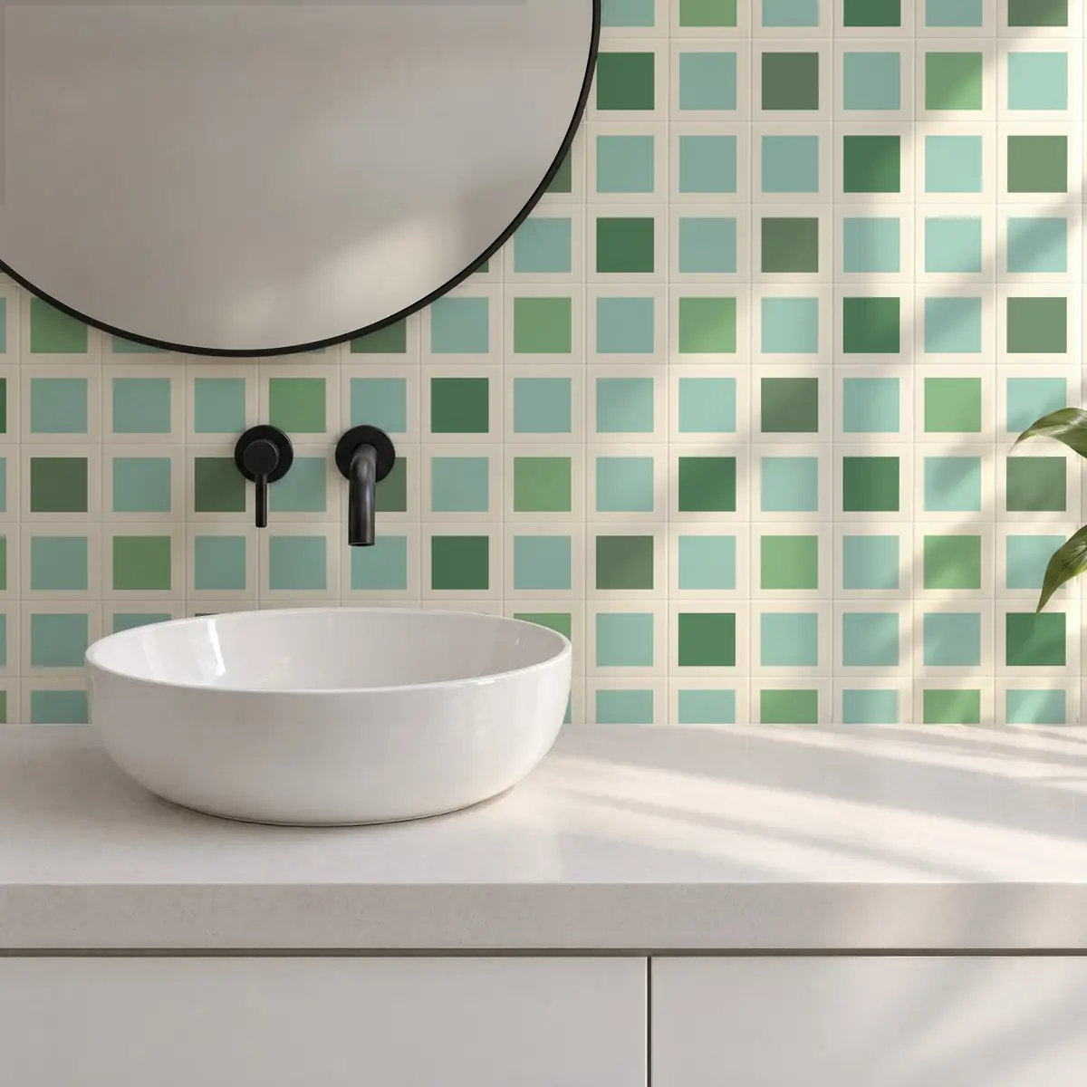 Baño alicatado con Azulejo Square Crema Brillo 10x10 Verde Agua combinado con otros colores