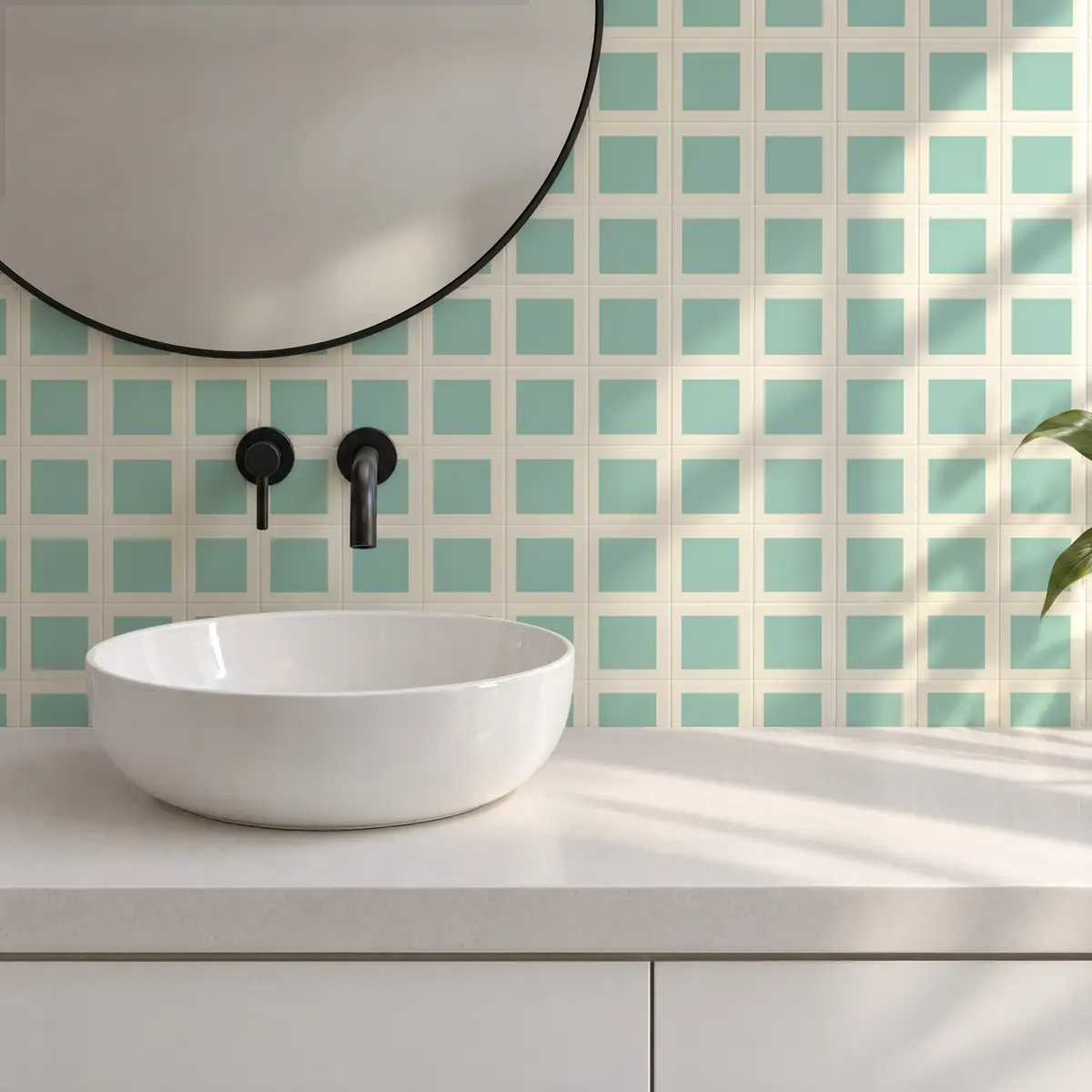 Baño alicatado con Azulejo Square Crema Brillo 10x10 Verde Agua
