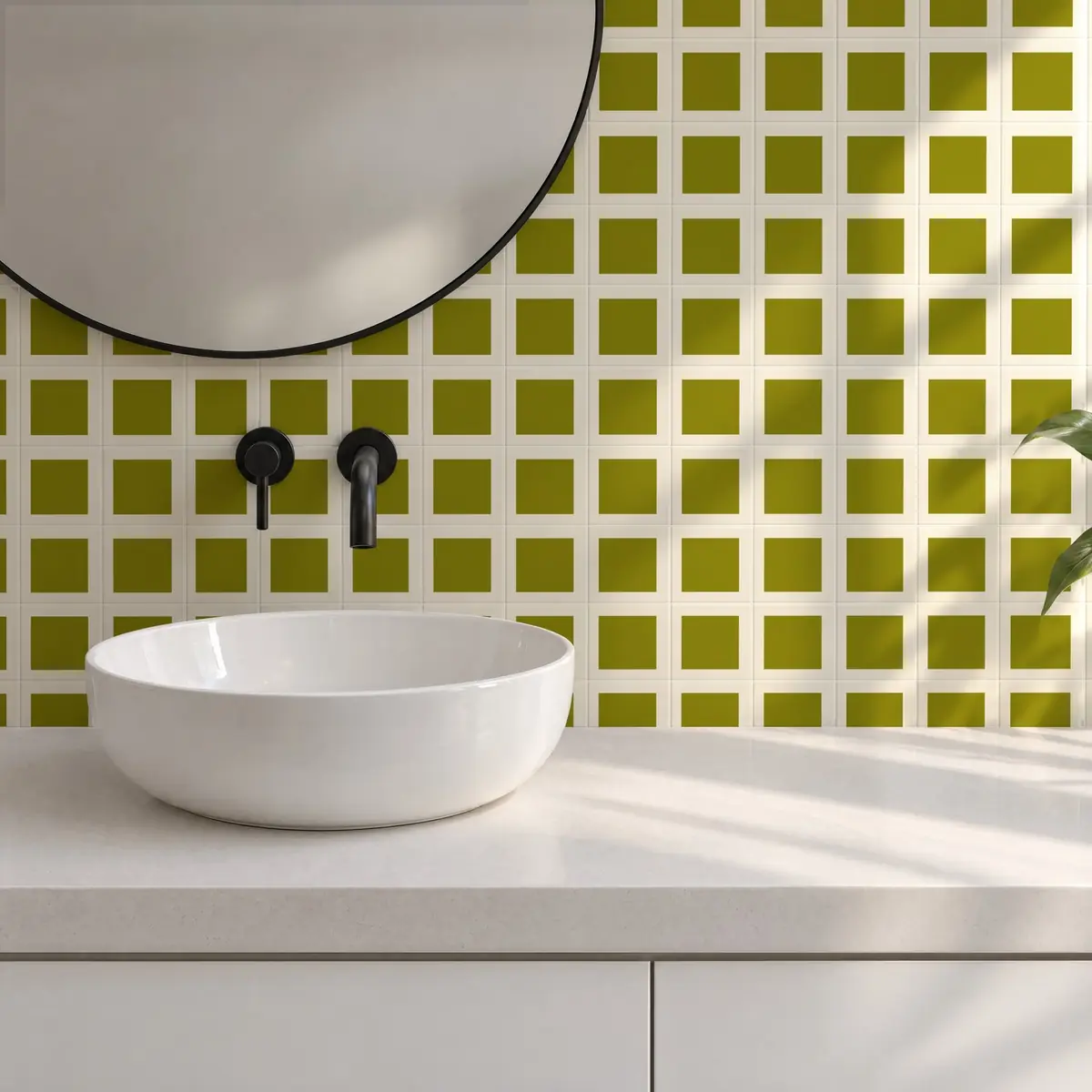 Baño alicatado con Azulejo Square Crema Brillo 10x10 Verde Aguacate