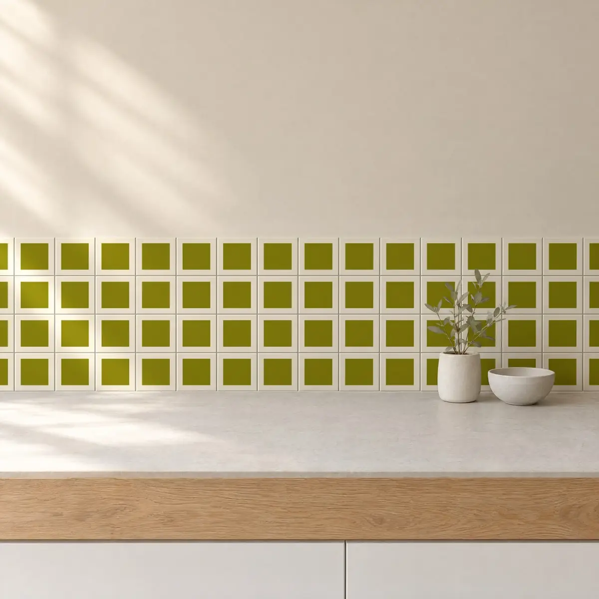 Cocina con Azulejo Square Crema Brillo 10x10 Verde Aguacate de frente de encimera