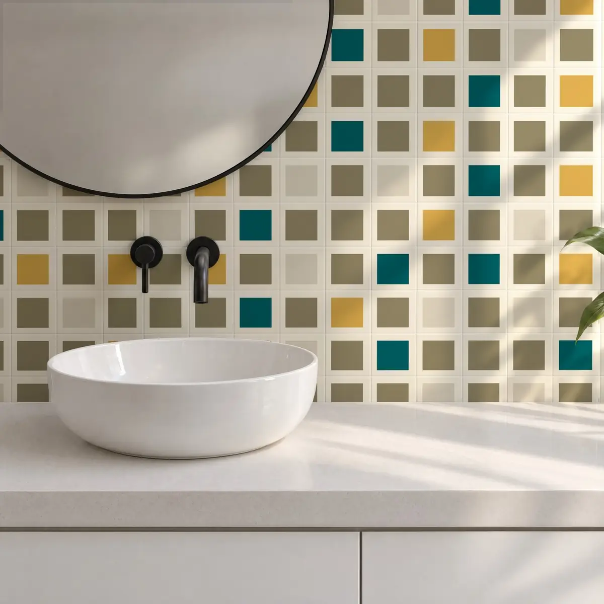 Baño alicatado con Azulejo Square Crema Brillo 10x10 Verde combinado con otros colores
