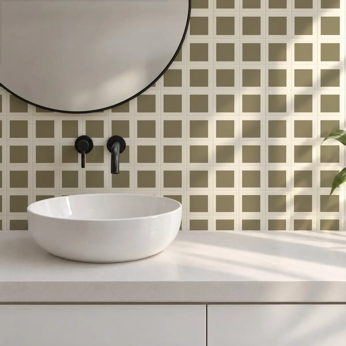 Baño alicatado con Azulejo Square Crema Brillo 10x10 Verde