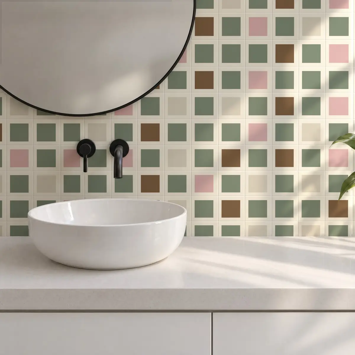 Baño alicatado con Azulejo Square Crema Brillo 10x10 Verde Caqui combinado con otros colores
