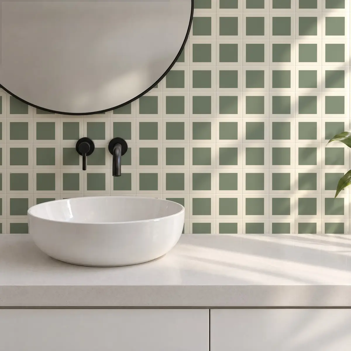 Baño alicatado con Azulejo Square Crema Brillo 10x10 Verde Caqui