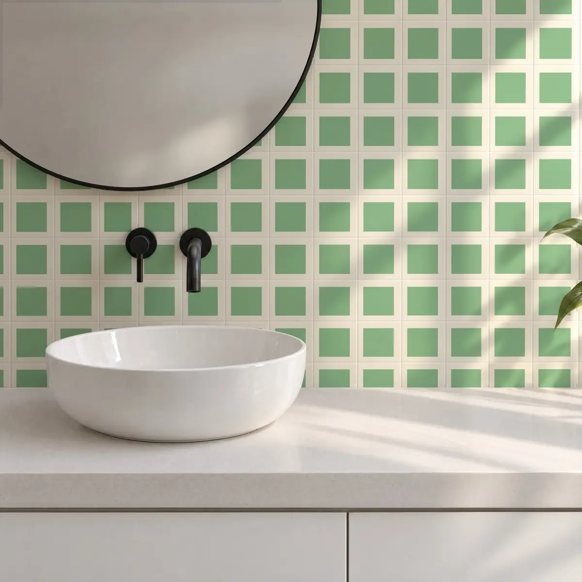 Baño alicatado con Azulejo Square Crema Mate 10x10 Verde Claro