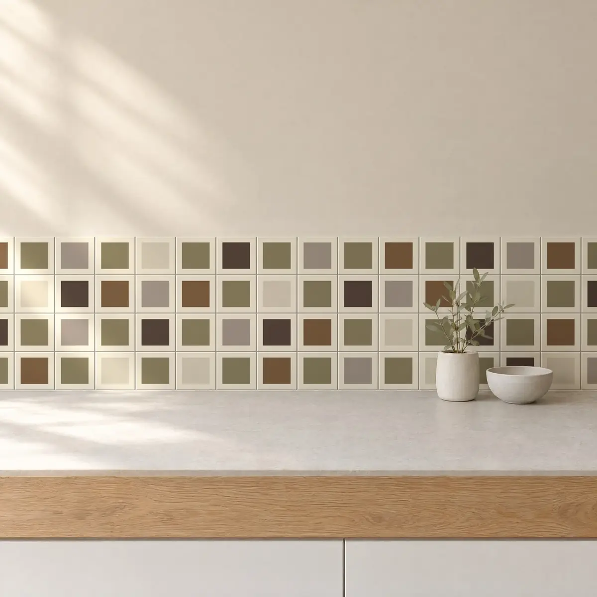Cocina con Azulejo Square Crema Brillo 10x10 Verde combinado con otros colores