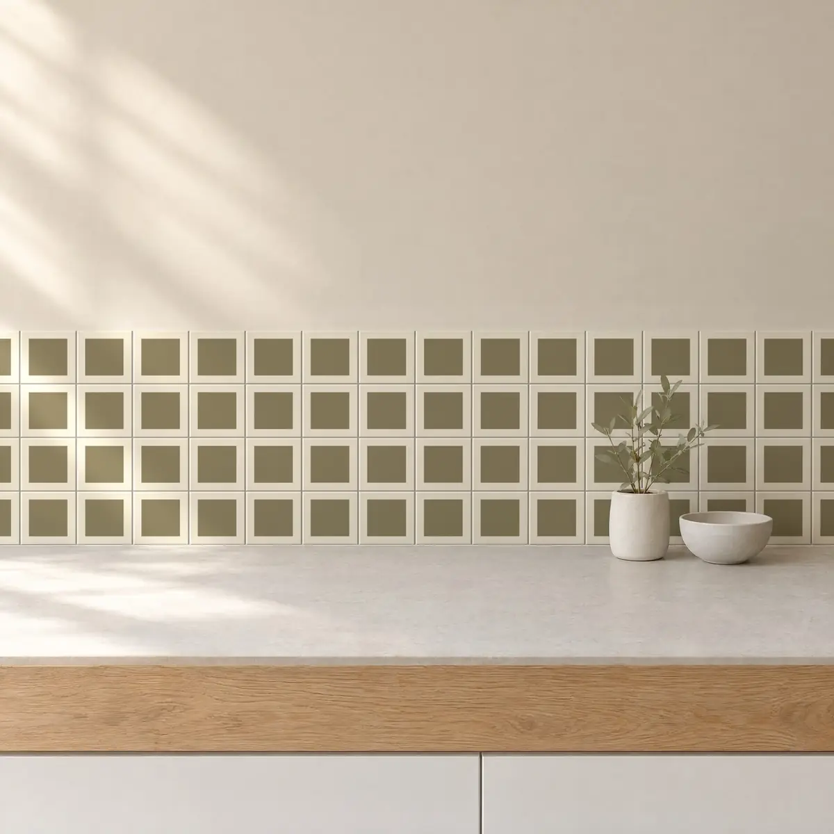 Cocina con Azulejo Square Crema Brillo 10x10 Verde de frente de encimera