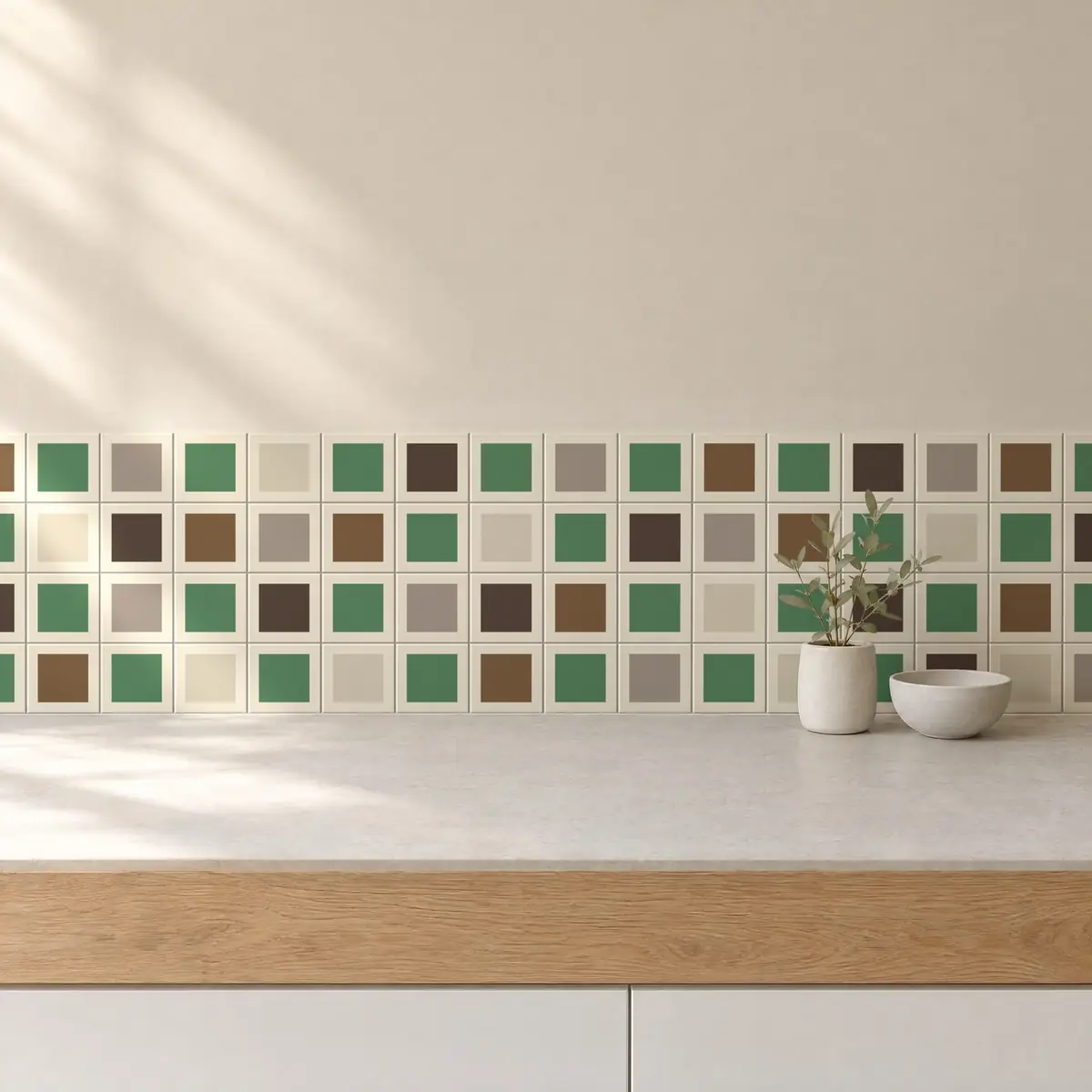 Cocina con Azulejo Square Crema Brillo 10x10 Verde Eucalipto combinado con otros colores