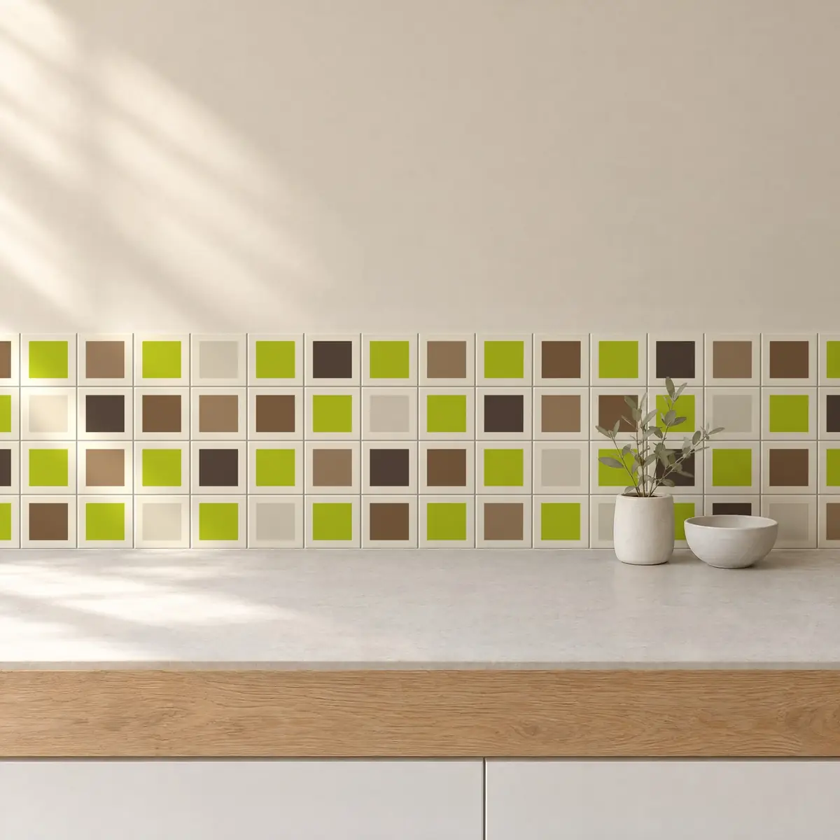 Cocina con Azulejo Square Crema Brillo 10x10 Verde Musgo combinado con otros colores
