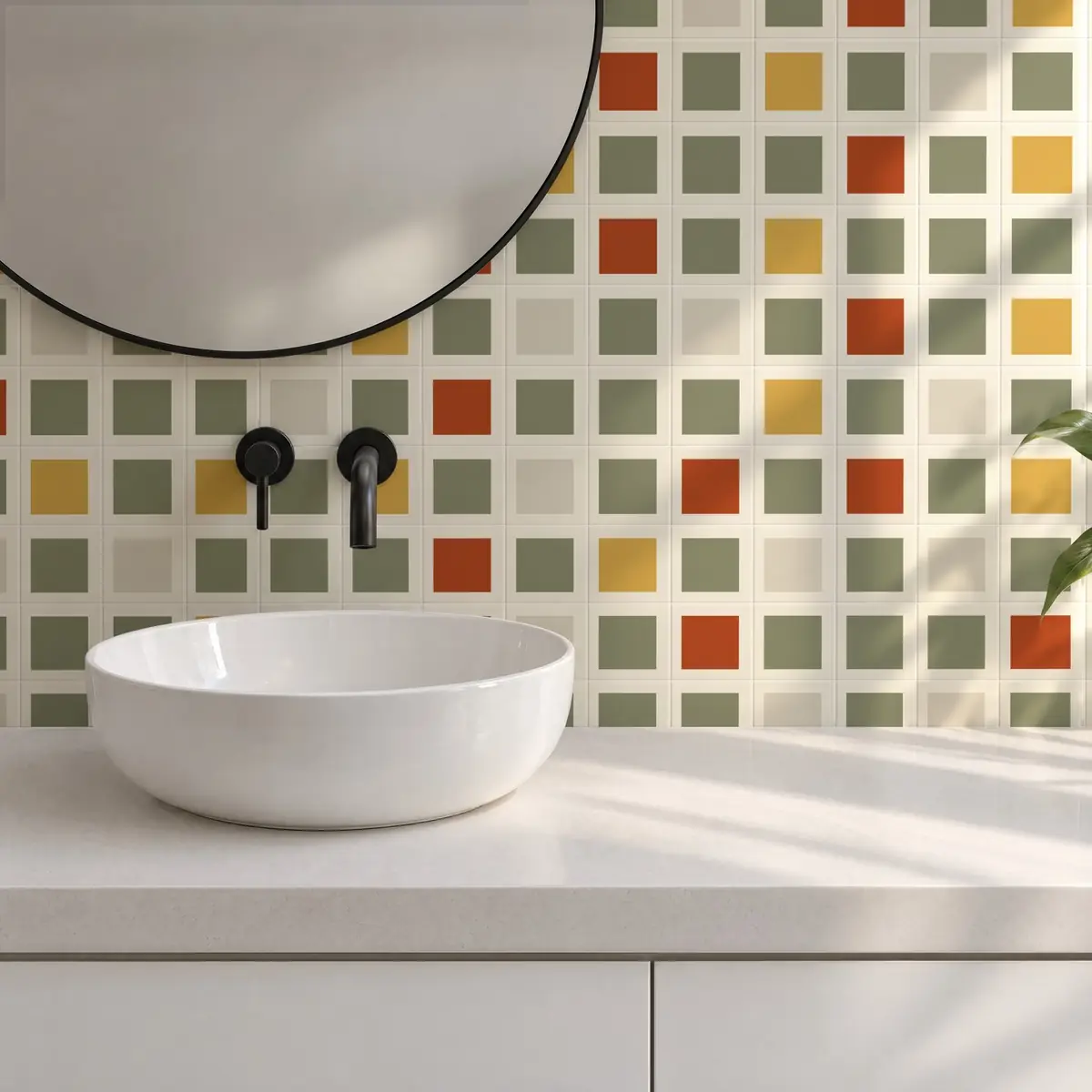 Baño alicatado con Azulejo Square Crema Mate 10x10 Verde Oliva combinado con otros colores