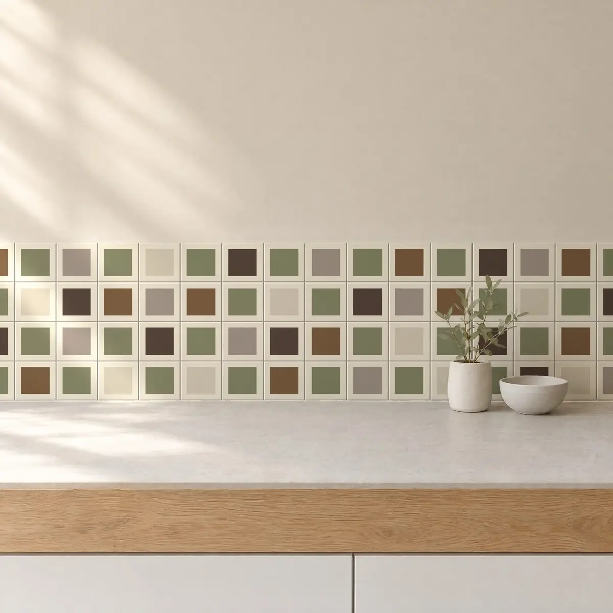 Cocina con Azulejo Square Crema Mate 10x10 Verde Oliva combinado con otros colores