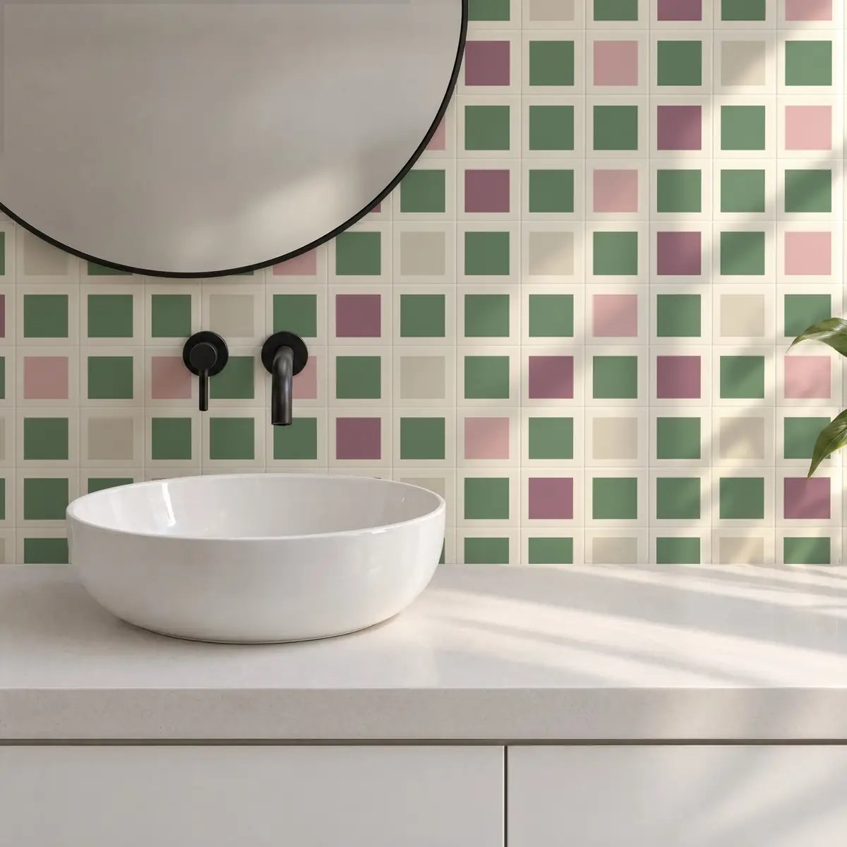 Baño alicatado con Azulejo Square Crema Brillo 10x10 Verde Oscuro combinado con otros colores