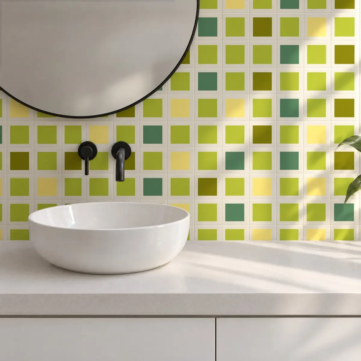Baño alicatado con Azulejo Square Crema Brillo 10x10 Verde Pera combinado con otros colores