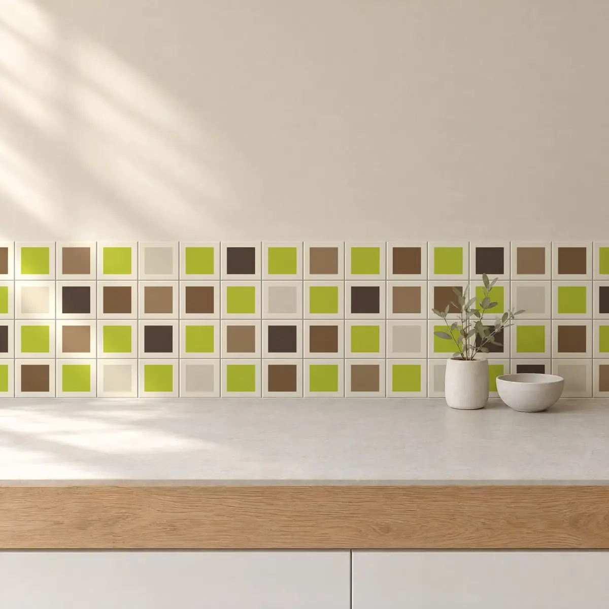 Cocina con Azulejo Square Crema Brillo 10x10 Verde Pera combinado con otros colores