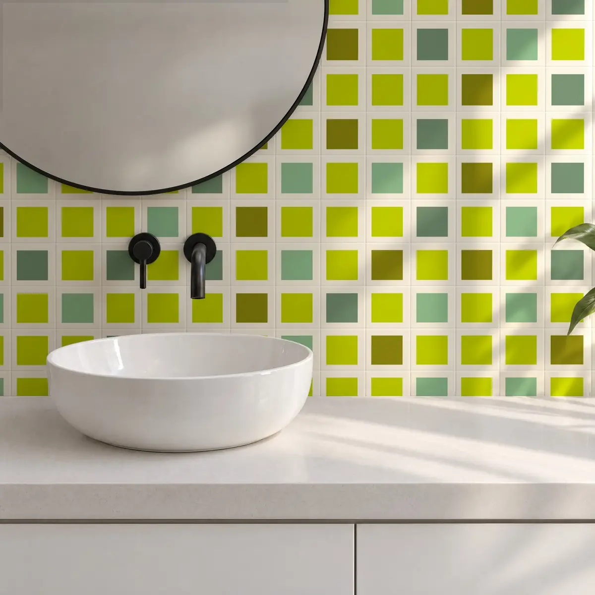 Baño alicatado con Azulejo Square Crema Brillo 10x10 Verde Pistacho combinado con otros colores