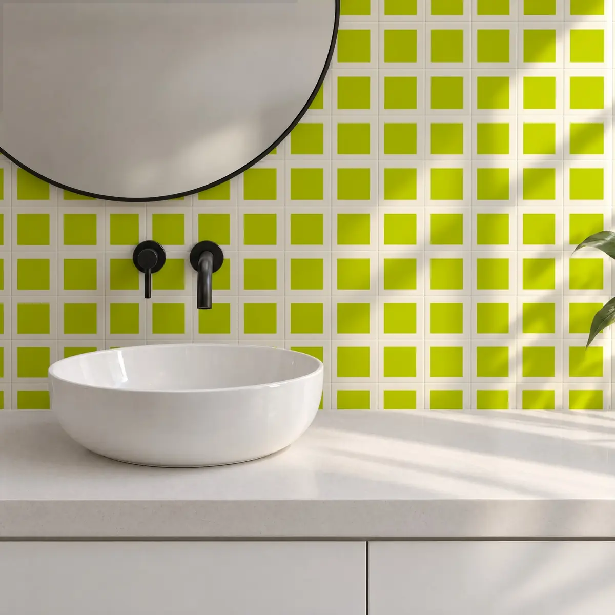Baño alicatado con Azulejo Square Crema Brillo 10x10 Verde Pistacho