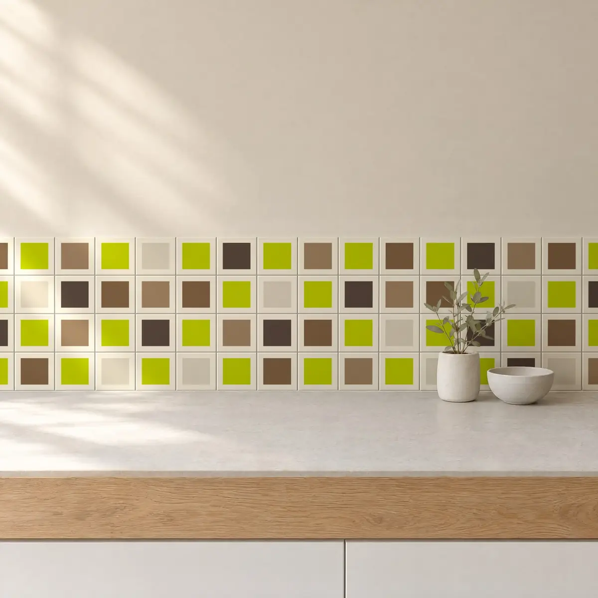 Cocina con Azulejo Square Crema Brillo 10x10 Verde Pistacho combinado con otros colores