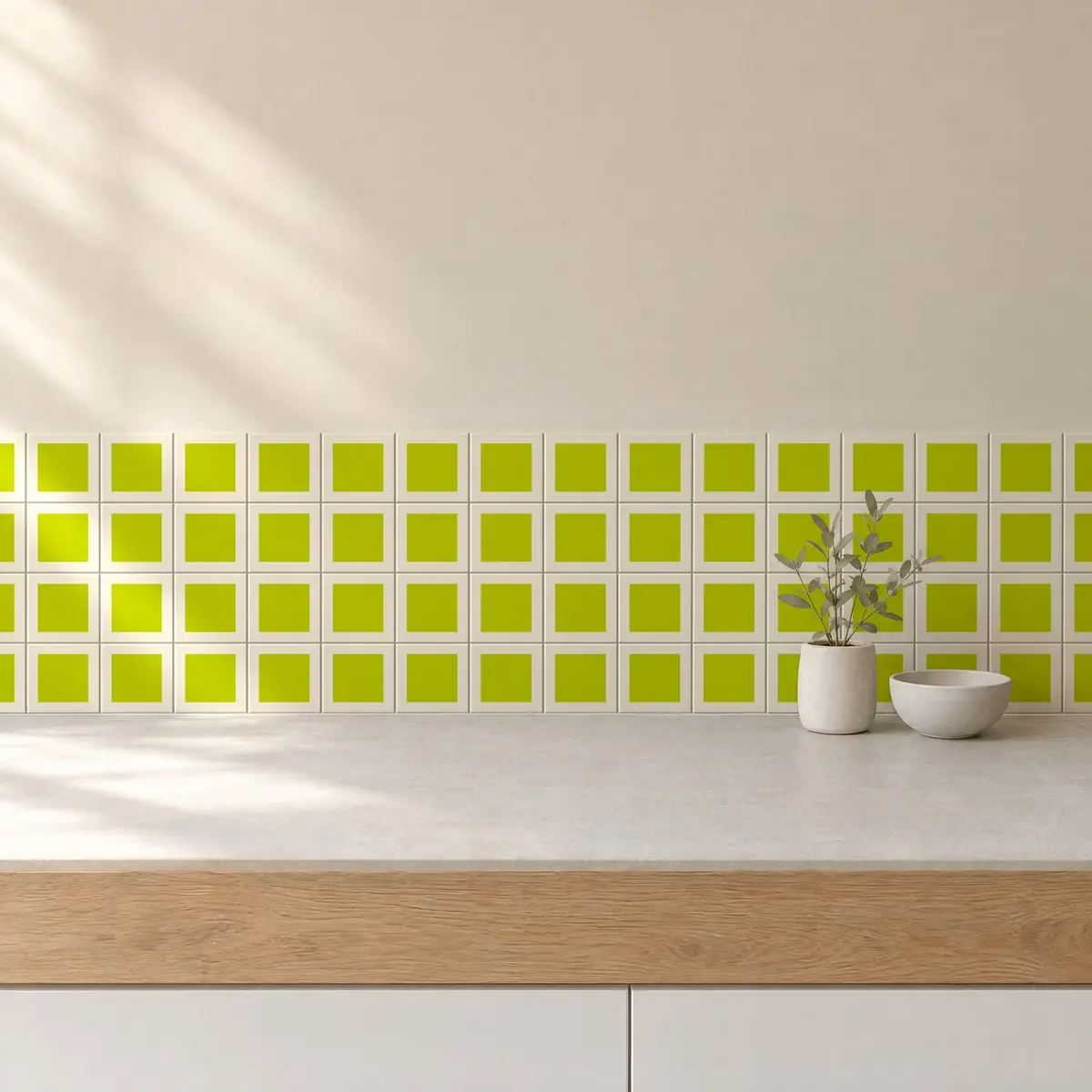 Cocina con Azulejo Square Crema Brillo 10x10 Verde Pistacho de frente de encimera