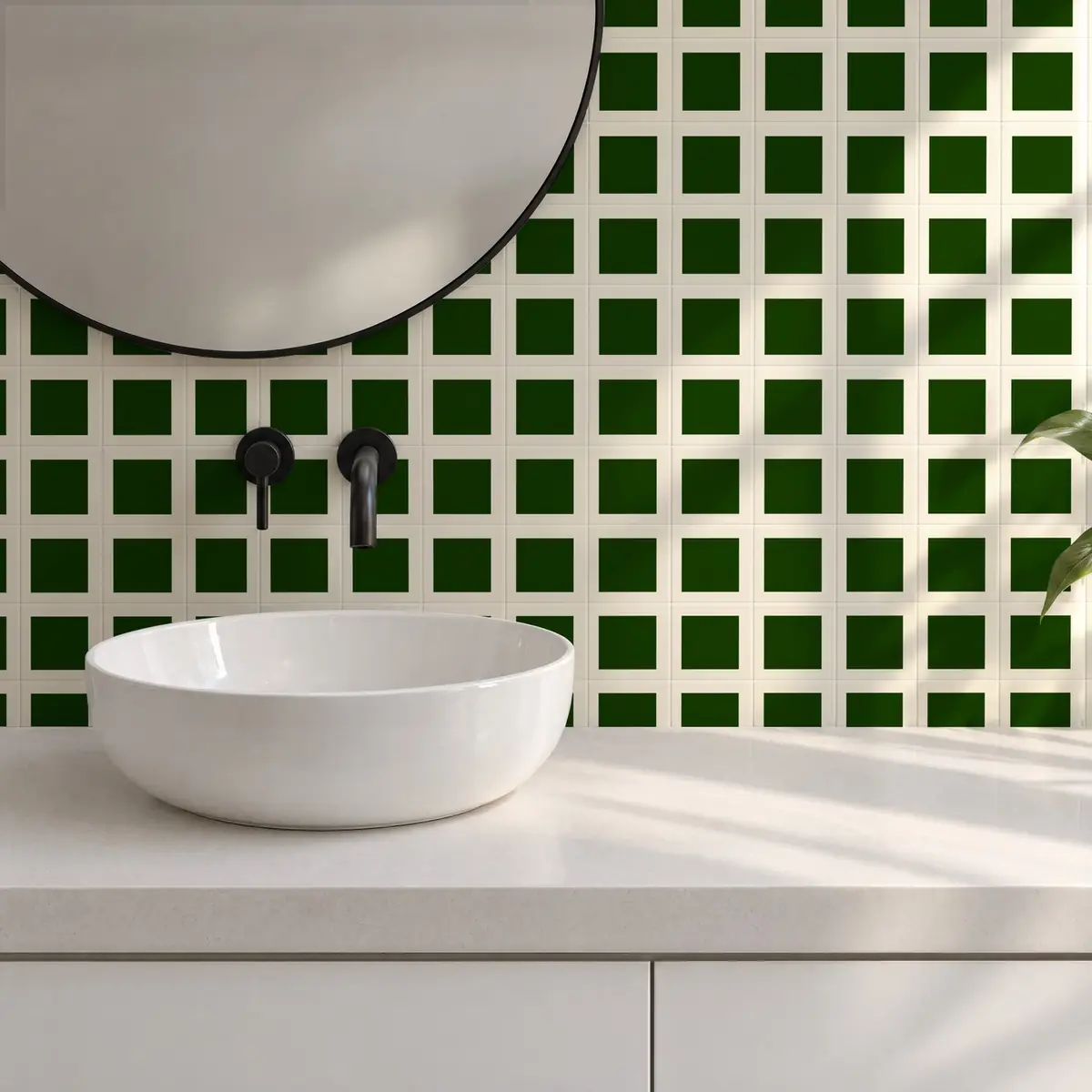 Baño alicatado con Azulejo Square Crema Brillo 10x10 Verde Victoriano