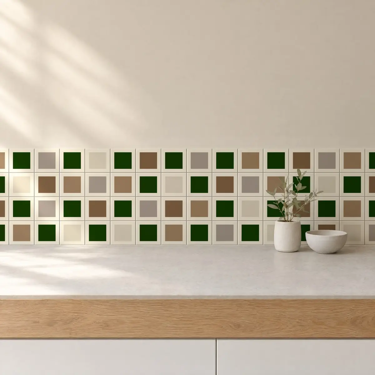 Cocina con Azulejo Square Crema Brillo 10x10 Verde Victoriano combinado con otros colores