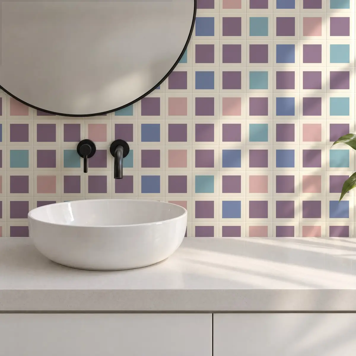 Baño alicatado con Azulejo Square Crema Brillo 10x10 Violeta combinado con otros colores