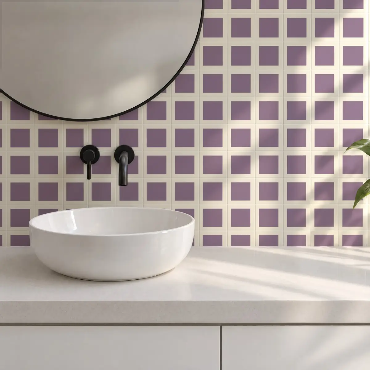 Baño alicatado con Azulejo Square Crema Brillo 10x10 Violeta