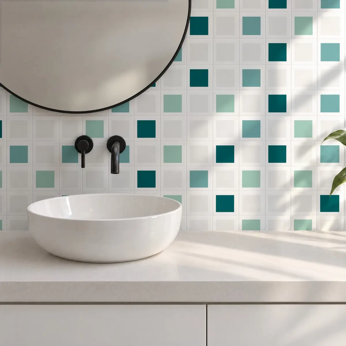 Baño alicatado con Azulejo Square Blanco Brillo 10x10 Blanco combinado con otros colores