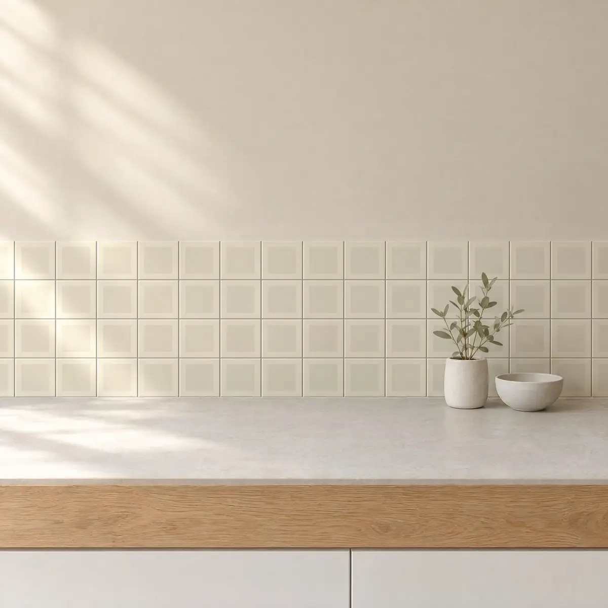 Cocina con Azulejo Square Crema Brillo 10x10 Crema de frente de encimera